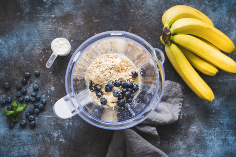Top shot of blueberry smoothie with added protein