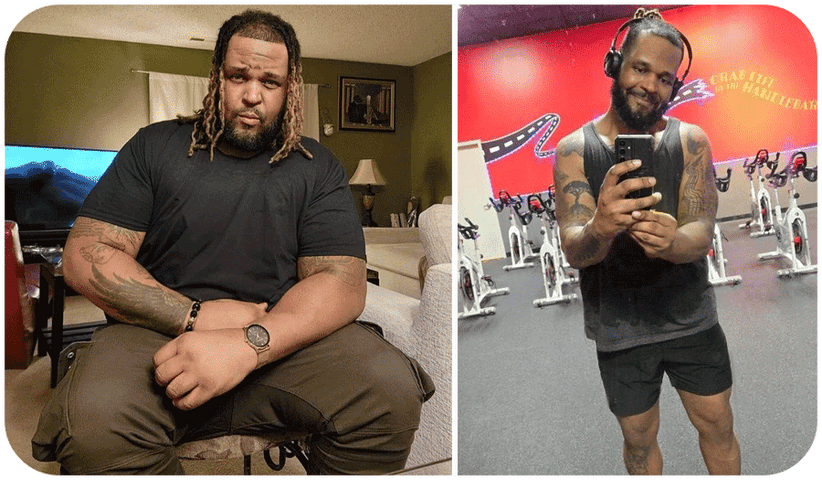 Before picture of RaShod sitting on the count next to an after picture of him looking fit at the gym.