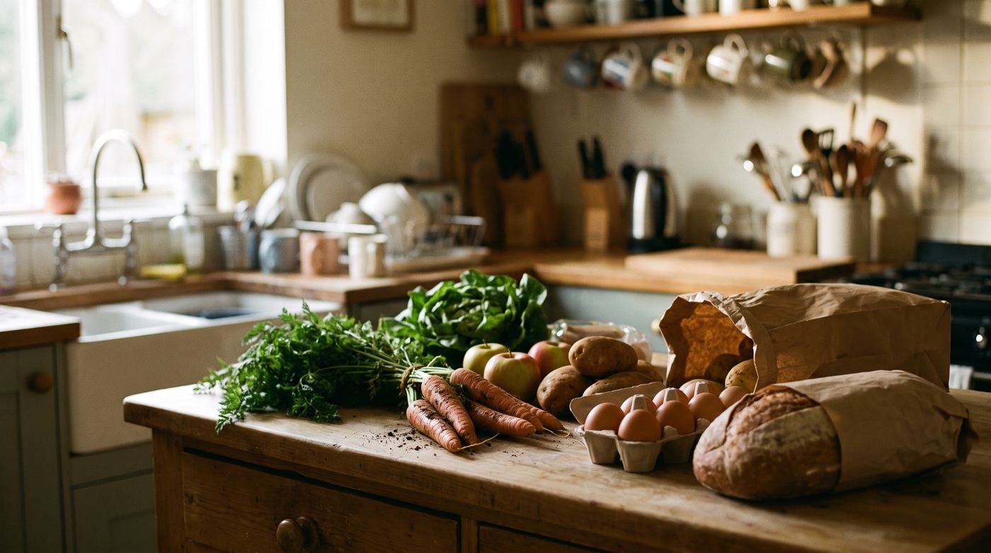 A week of ordinary groceries unpacked on a kitchen counter