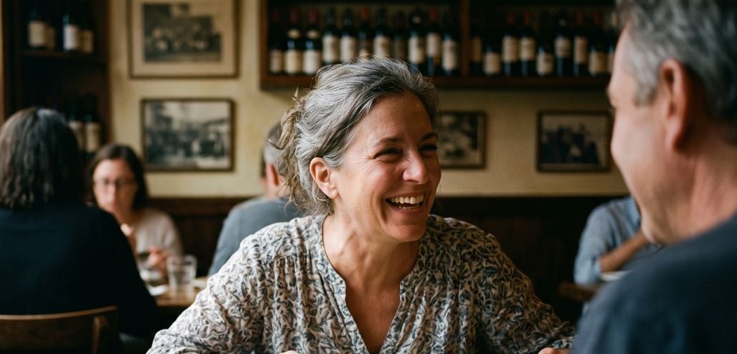 A woman laughing mid-conversation over dinner at a neighborhood restaurant