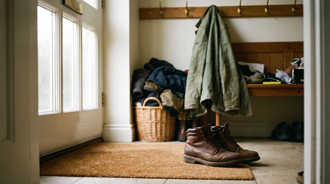 A pair of worn walking shoes on a doormat just inside a front door
