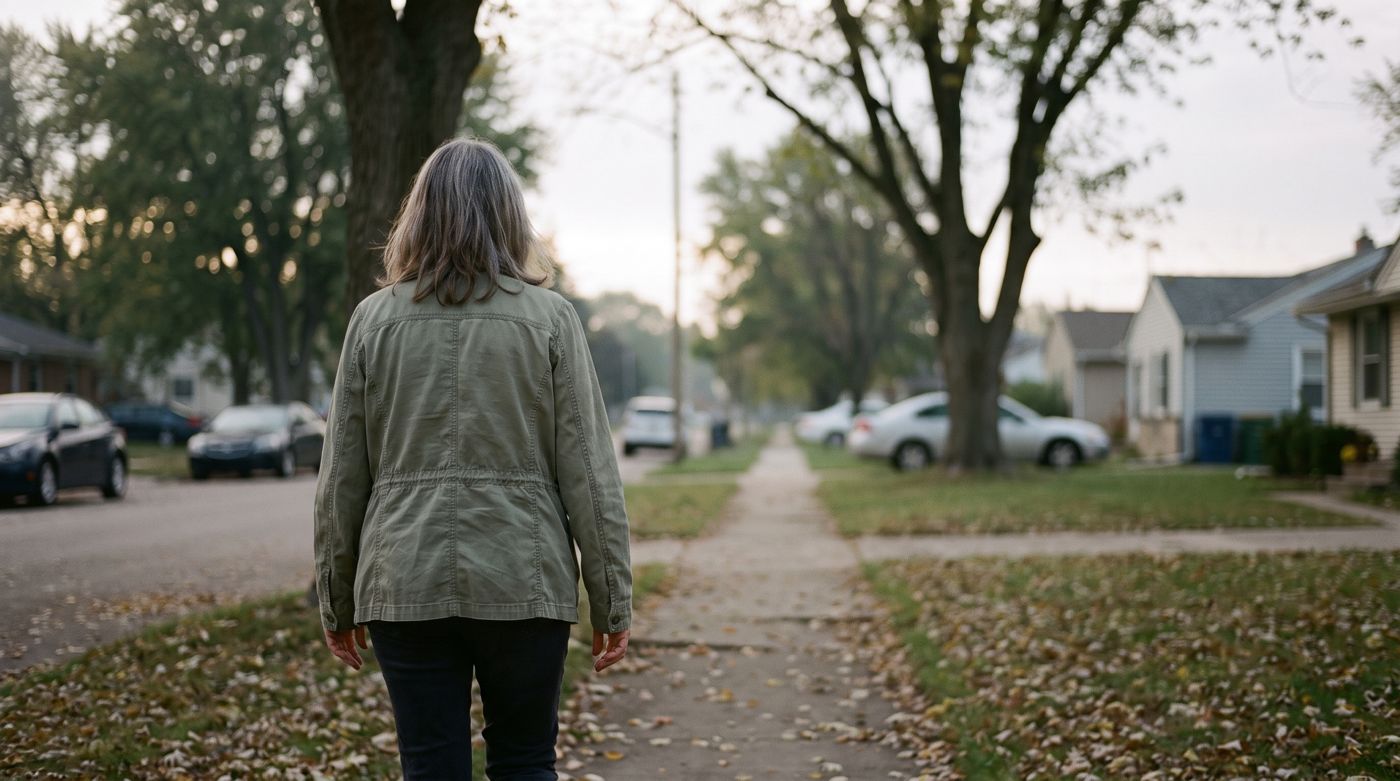 A woman walking along an ordinary suburban sidewalk in early morning light