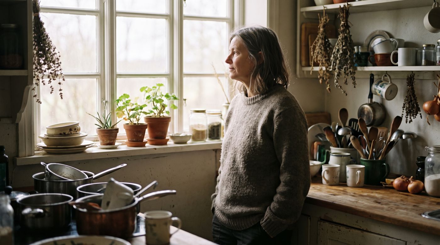 A woman in her fifties standing at her kitchen window in morning light