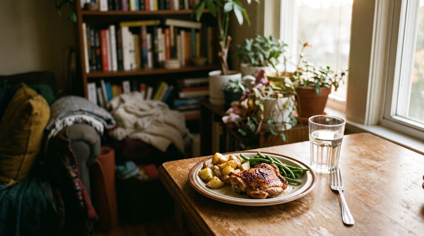 A home-cooked dinner of chicken, green beans and roasted potatoes on a plate at a kitchen table