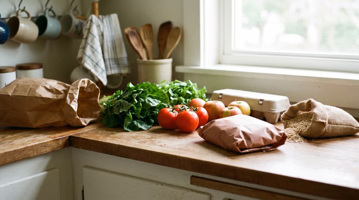 Groceries unpacked on an ordinary kitchen counter in daylight