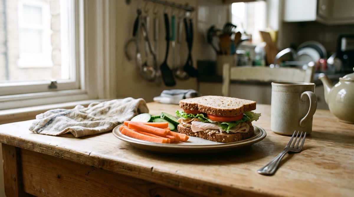 A simple lunch plate with a single protein, vegetables and one carbohydrate serving