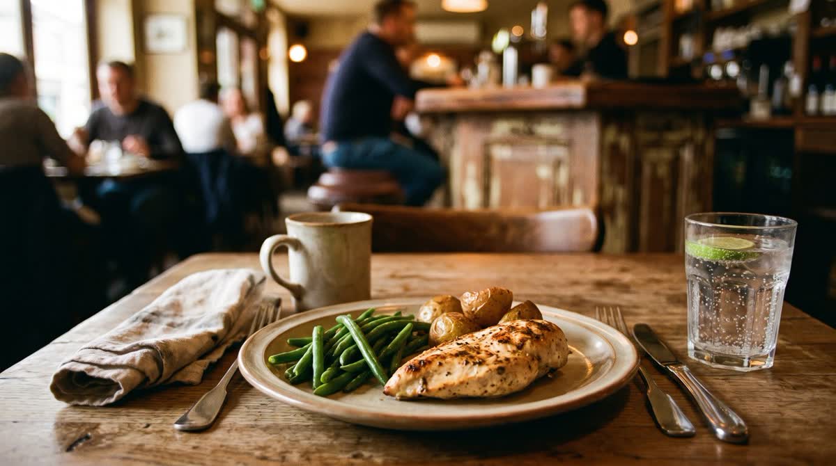A restaurant table with an ordinary main course, seen from the diner’s seat