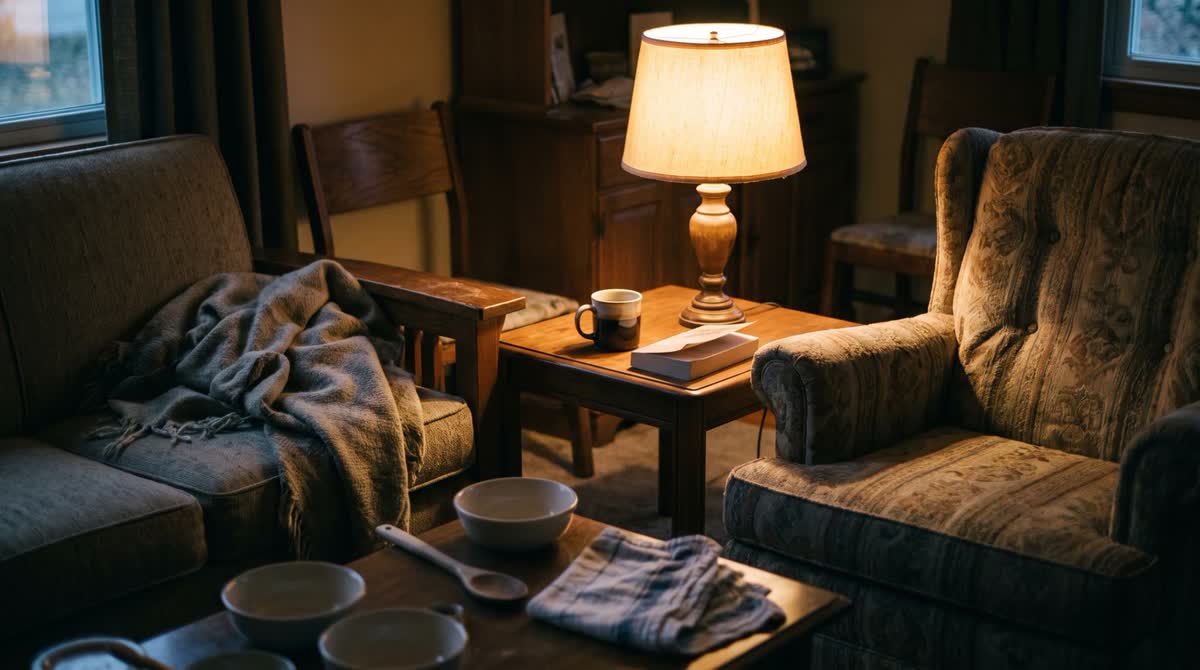 A calm evening kitchen scene lit by a single lamp
