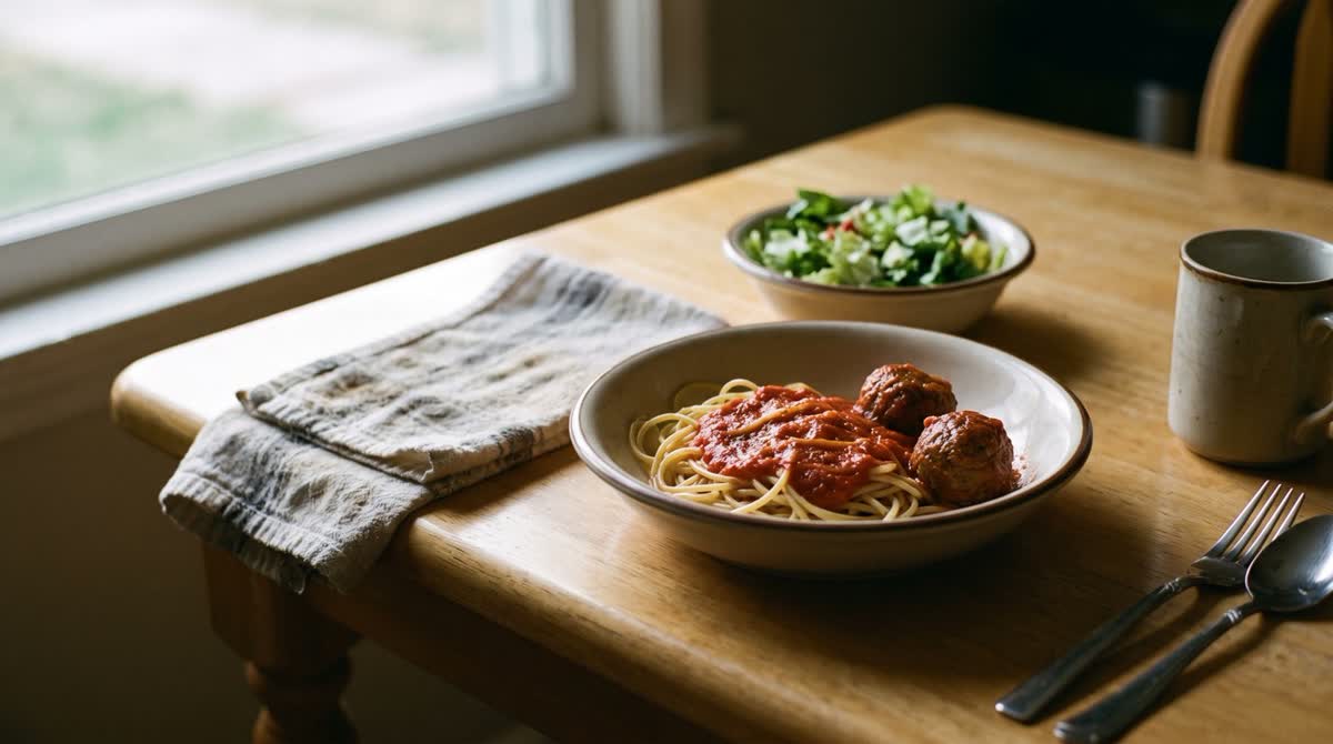 An ordinary pasta dinner in a realistic portion with vegetables