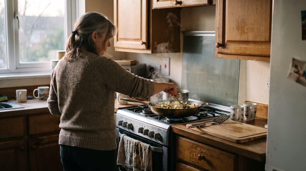 Someone cooking an ordinary dinner at a home stove