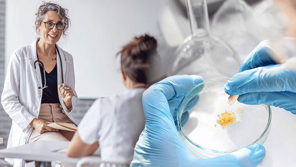 Doctor consulting with a patient alongside laboratory testing imagery, representing clinical research and health science.