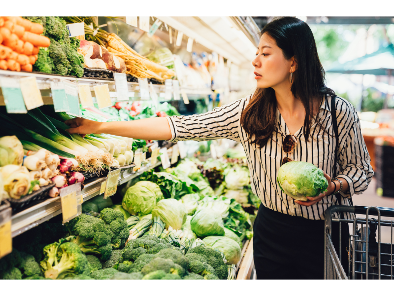 Woman grocery shopping in the produce section