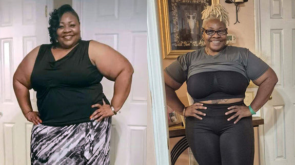 Before and after shots of Revette, smiling with her hands on her hips in both shots.