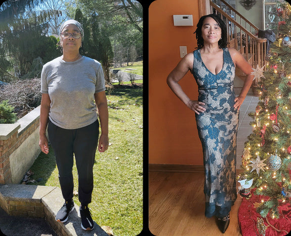 Before and after picture of Sharon