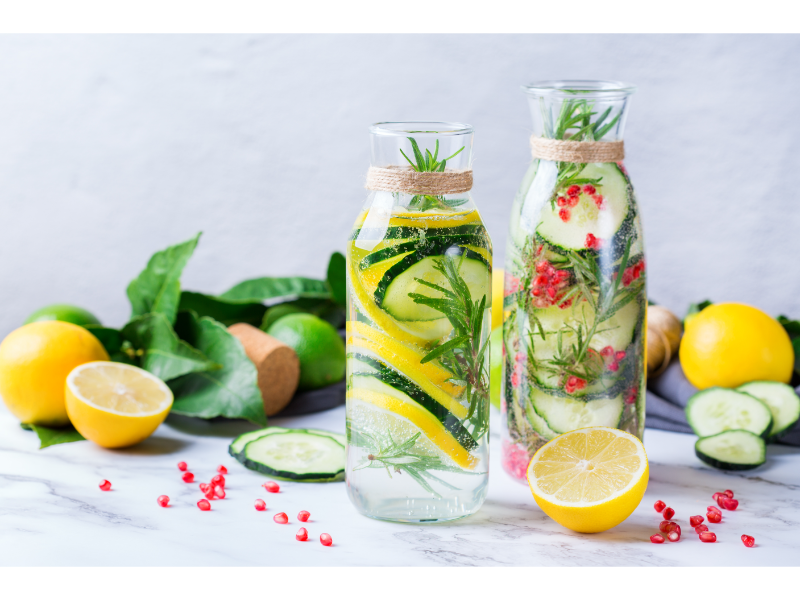 Two Glass bottles of water. One with Cucumber and lemon, the other with cucumber, pomegranate, and herbs