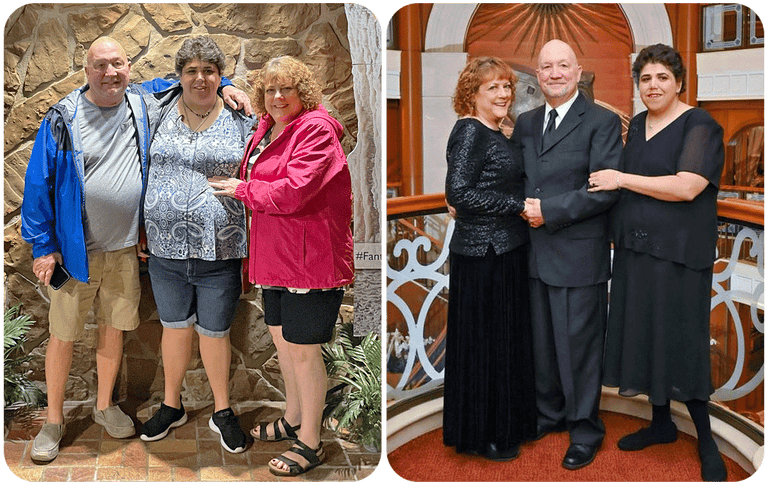 Kelly and her family before and after photos.