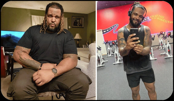 Before picture of RaShod sitting on the count next to an after picture of him looking fit at the gym.