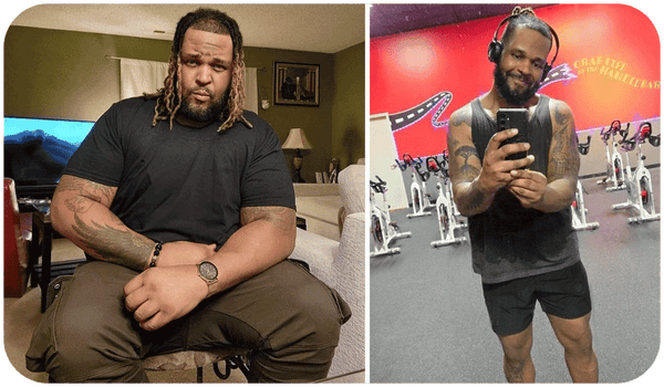 Before picture of RaShod sitting on the count next to an after picture of him looking fit at the gym.