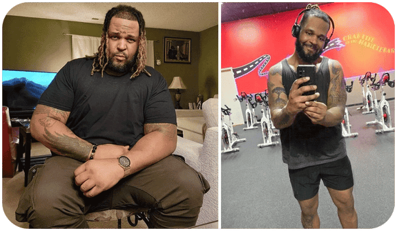 Before picture of RaShod sitting on the count next to an after picture of him looking fit at the gym.