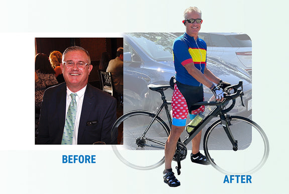 Chris before and after picture. Before picture is Chris in a suit. After picture is Chris looking fit on a bike.