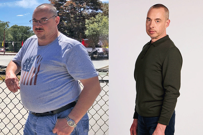 Before and after of Mark. The before pictures shows Mark with a big belly in a tee shirt. The after picture shows Mark in a nice sweater looking much skinnier. 