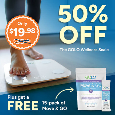 Feet on a scale with 50% off announcement plus image of free Move & GO pouch