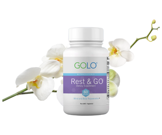 Rest & go bottle with flowers behind the bottle
