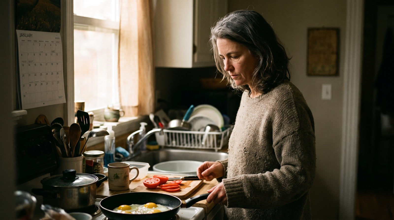 A woman in her early fifties making breakfast at her kitchen counter in morning light, eggs in the pan and sliced tomato on a board
