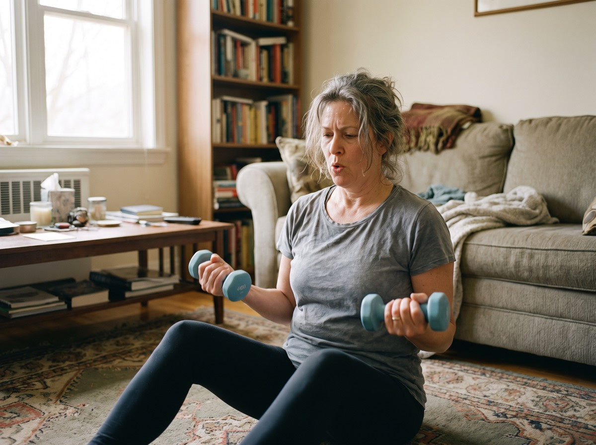 A woman in her early fifties doing a set with light dumbbells on the floor of her living room