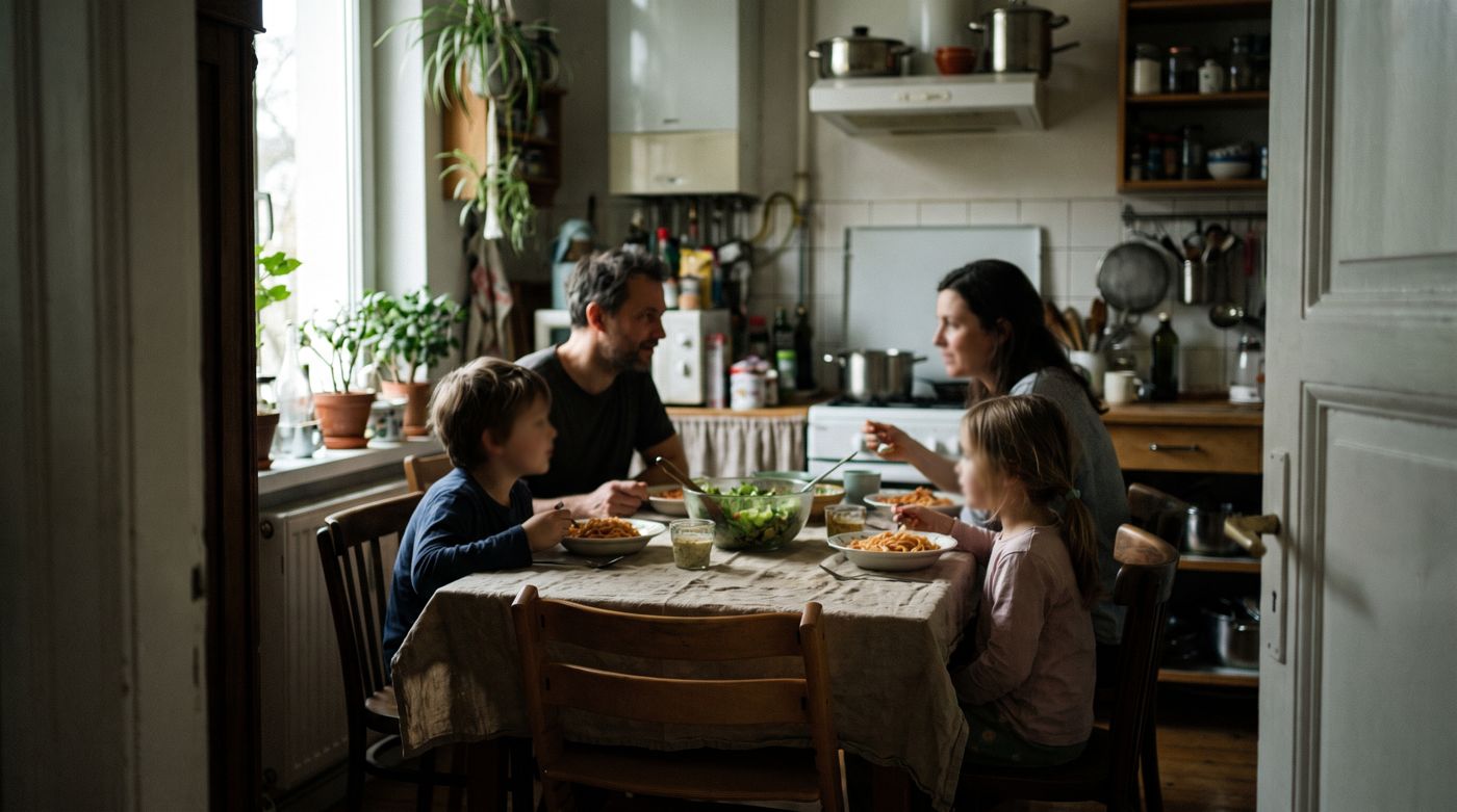 A family of four eating dinner together at a kitchen table, seen from the doorway