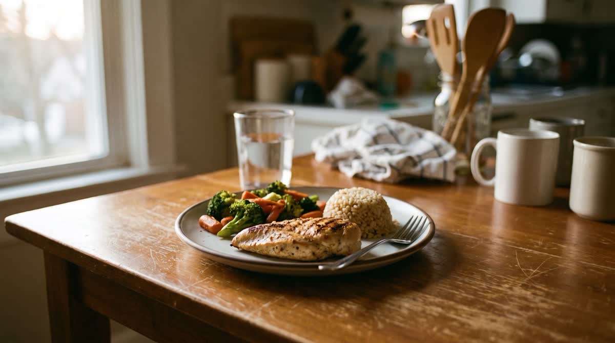 A simple weeknight dinner plate with grilled chicken, vegetables and a single carbohydrate serving