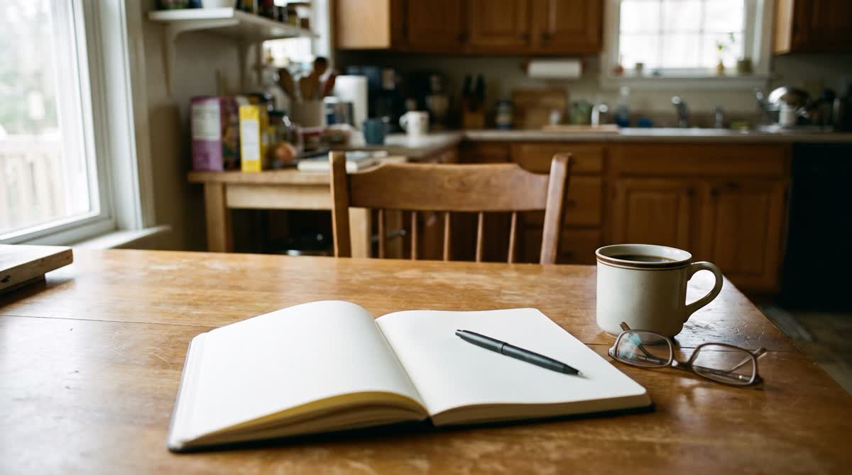 A woman sitting at her kitchen table in the morning with a notebook and coffee