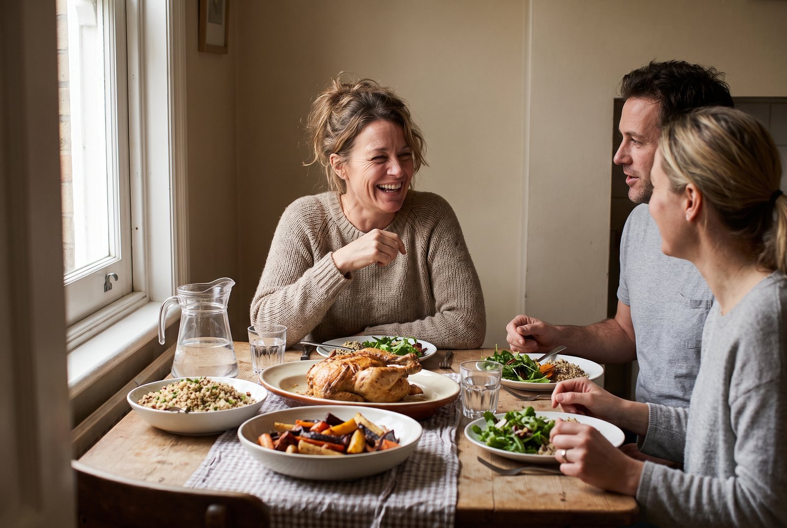 Three adults sharing an ordinary weeknight dinner at a kitchen table: roast chicken, grains, roasted vegetables and salad