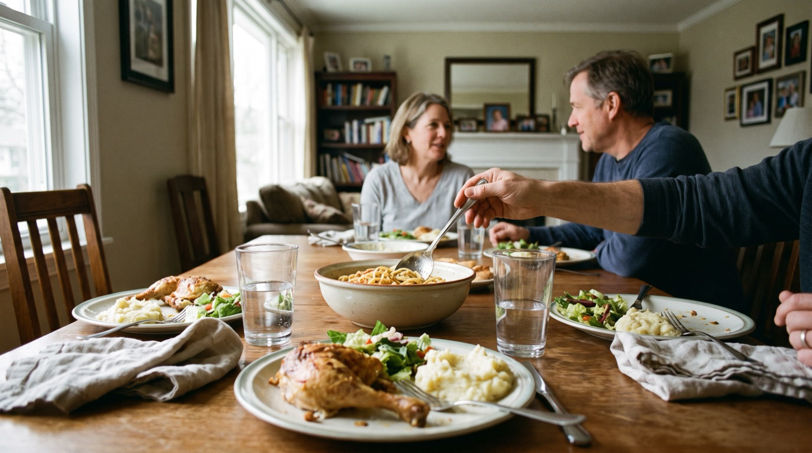 An ordinary family dinner mid-meal: roast chicken, mashed potato and salad on the plates, a bowl of pasta being served across the table