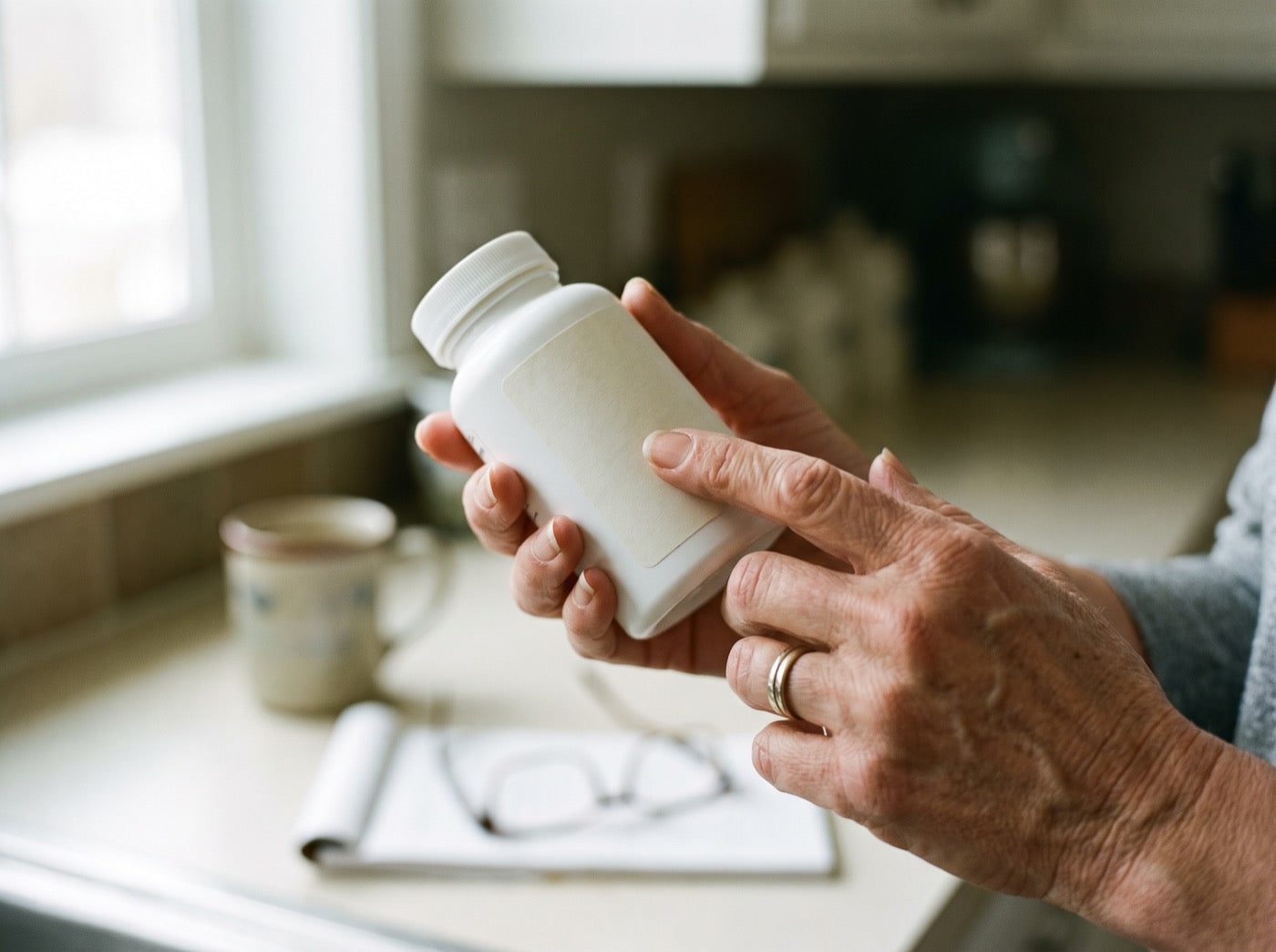A woman's hands turning a supplement bottle around to read the panel on the back